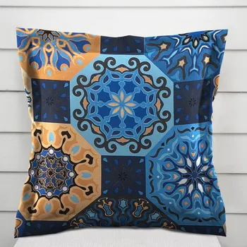 Povlak na polštářek Bavlněný povlak na polštář s lemem Sandra SA-448 Modro-oranžové marocké dlaždice 40 x 40 cm