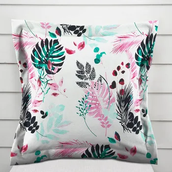 Povlak na dekorativní polštářek Bavlněný povlak na polštář s lemem Sandra SA-413 Růžové a zelené tropické listy na bílém 40 x 40 cm