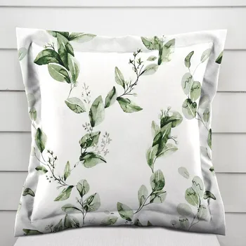 Povlak na polštářek Bavlněný povlak na polštář s lemem Sandra SA-422 Zelené listy na bílém 30 x 50 cm