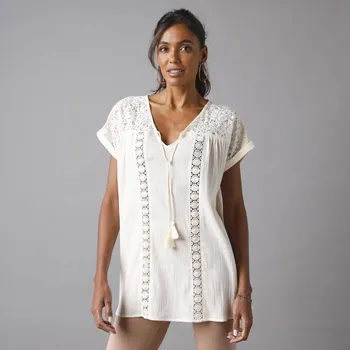 Dámské tričko Kreponová tunika s krajkou a macramé režná 42