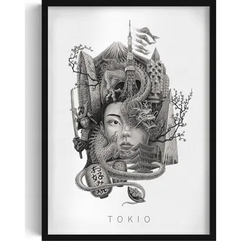 Obraz Dekorativní nástěnný obraz v rámu Černobílý Tokio Drak Višňový květ 50x70 cm