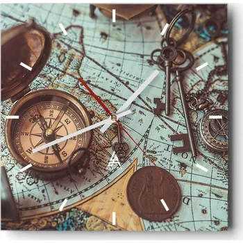 Hodiny Velké nástěnné hodiny na zeď 40x40 Kompas Skleněné hodiny Čtvercové Tiché