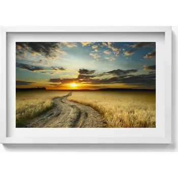 Obraz Obraz s bílým rámem a grafikou na zeď Polní cesta a západ slunce 60x40 cm