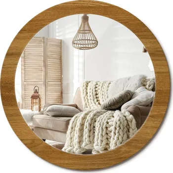 Zrcadlo Stylové kulaté zrcadlo na zeď s potiskem na skle, rustikální dub, průměr 80 cm