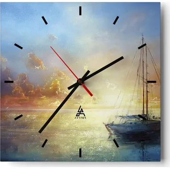 Hodiny Velké nástěnné hodiny na zeď 40x40 Plachetnice Skleněné hodiny Čtvercové Tiché