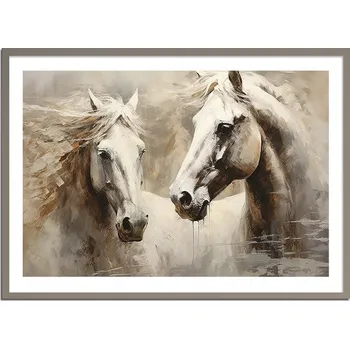 Obraz OBRAZ PLAKÁT V RÁMU 73x53cm Bílí Koně Kůň country skica western P2392