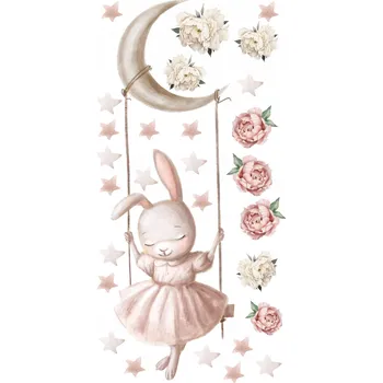 Samolepící dekorace Samolepka na stěnu dla dzieci králíček pivoňky