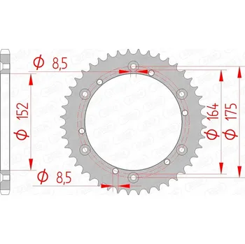 Nářadí na motocykly 12500-44 ZADNÍ HNACÍ ROZETA MOTO. OCELOVÁ, POZINKOVANÁ, STŘÍBRNÁ AFAM