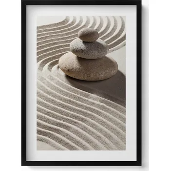 Obraz Obraz s černým rámem a grafikou na zeď – Stoh kamenů na písku zen 50x70 cm