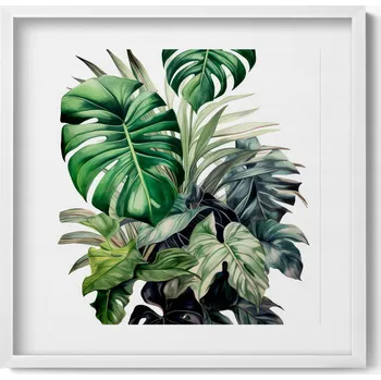 Obraz Dekorace obraz v bílém rámu na zeď Malované listy monstery 50x50 cm