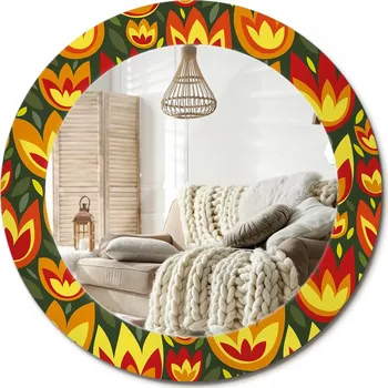 Zrcadlo Loftové závěsné zrcadlo s ozdobným skleněným rámem Tulipány retro průměr 60 cm