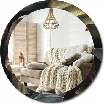 Zrcadlo Nástěnné zrcadlo s ozdobnou grafikou na skle Tmavé tropické listy průměr 90 cm