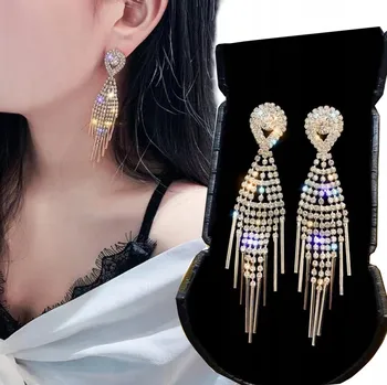 Náušnice Zlaté Náušnice Dlouhé Vlákna Křišťál Visací