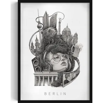 Obraz Závěsný obraz na zeď dekorace do bytu Černobílý Berlín Medvěd 50x70 cm