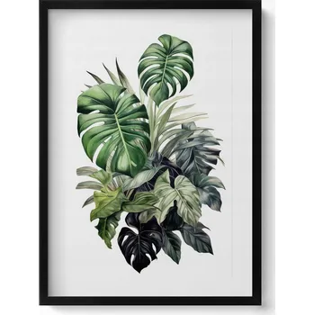 Obraz Nástěnný obraz v černém rámu s grafikou Malované listy monstery 50x70 cm