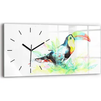 Hodiny Moderní skleněné nástěnné hodiny s potiskem horizontální 60x30 cm Tukan v trávě
