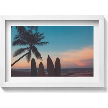 Obraz Dekorativní nástěnný obraz v bílém rámu Surfing na tropické pláži 30x20 cm