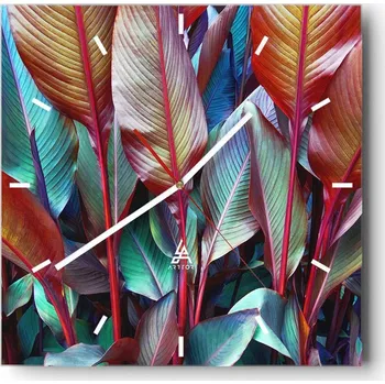 Hodiny Velké nástěnné hodiny na zeď 40x40 Listy Skleněné hodiny Čtvercové Tiché