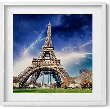 Obraz Ozdobný nástěnný obraz v bílém rámu Eiffelova věž, blesky a bouřka 50x50 cm
