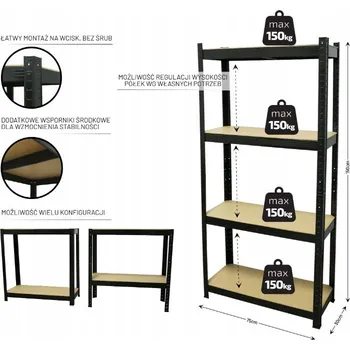 Dílenský regál Garážový regál 150x75x30 cm, 4 police, nosnost 150 kg/police, KOVOVÝ, robustní, skladový, MDF