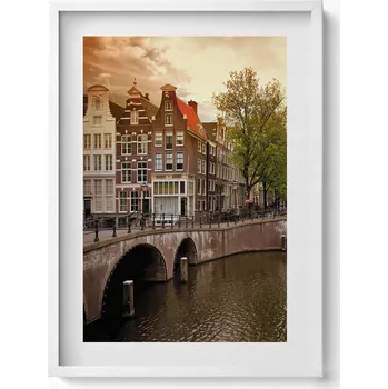 Obraz Nástěnný obraz v bílém rámu Amsterdamské kanály ve městě 50x70 cm