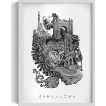 Obraz Dekorativní nástěnný obraz v rámu s grafikou Černobílá Barcelona 50x70 cm
