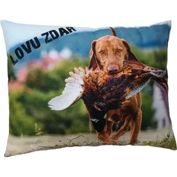 Dekorativní polštářek Polštář Lovu Zdar myslivecký motiv lovecký pes s bažantem (polštář pro myslivce , myslivecký polštářek )