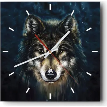 Hodiny Velké nástěnné hodiny na zeď 40x40 Vlk Skleněné hodiny Čtvercové Tiché