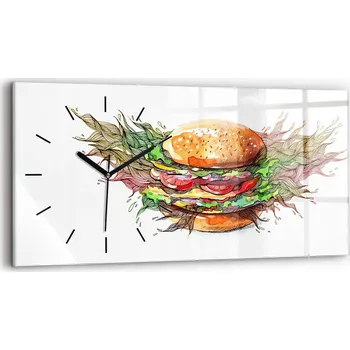 Hodiny Minimalistické Horizontální Skleněné Nástěnné Hodiny Burger se sýrem XXL 60x30 cm
