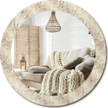 Zrcadlo Nástěnné zrcadlo zdobené grafikou na skle, kompozice Art Deco, průměr 70 cm