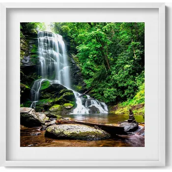 Obraz Dekorativní nástěnný obraz v bílém rámu s grafikou loft Vodopád les 50x50 cm