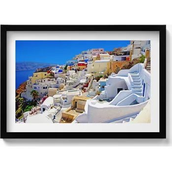 Obraz Ozdobný nástěnný obraz v černém rámu do obýváku Řecko Santorini 60x40 cm