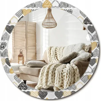 Zrcadlo Nástěnné zrcadlo s ozdobnou grafikou na skle Velké, průměr 90 cm, motiv Srdce ve stylu Doodle