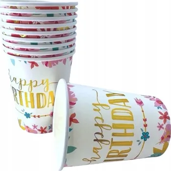 Party nádobí Papírové Kelímky Happy Birthday BOHO FLOWERS se zlatým nápis Birthday 10 ks