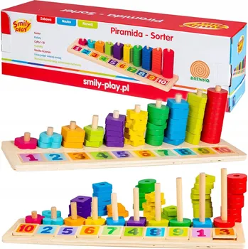 Dřevěná hračka DŘEVĚNÁ PYRAMIDA TŘÍDIČ VĚŽ TVARY POČÍTÁNÍ SMILY