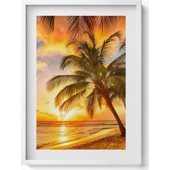 Obraz Obraz v bílém rámu na zeď Palma na pláži při západu slunce 50x70 cm