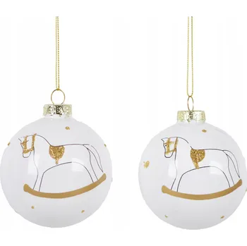 Vánoční dekorace BÍLO-ZLATÉ VÁNOČNÍ BAŇKY S HOUPACÍM KONÍKEM - 2 KS