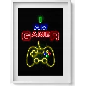 Obraz Obraz grafika v bílém rámu Neonový nápis pro hráče I am gamer 50x70 cm