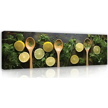 Obraz Obraz do Kuchyně Citrony Bylinky Lžíce Moderní na Plátně na Zeď 145x45