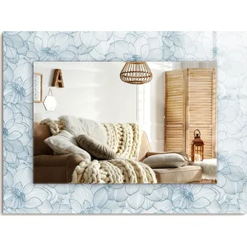 Zrcadlo Zrcadlo s potiskem na zeď, dekorativní, svislé/vodorovné, Květiny, modrý vzor, 80x60 cm