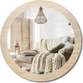 Zrcadlo Stylové kulaté zrcadlo na zeď s potiskem na skle, průměr 80 cm, světlé dřevo