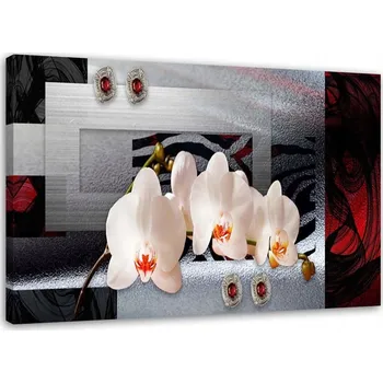 Obraz OBRAZ BÍLÁ ORCHIDEJ NA GEOMETRICKÉM POZADÍ 90x60