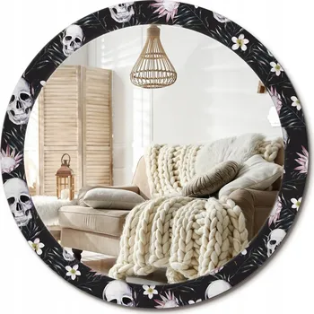 Zrcadlo Loftové závěsné zrcadlo s ozdobným skleněným rámem Květiny lebky průměr 90 cm