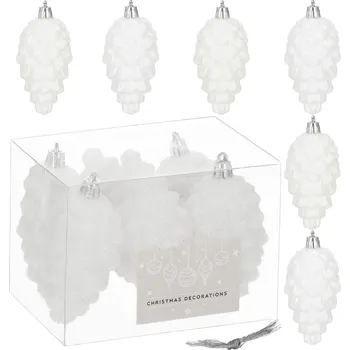 Vánoce VÁNOČNÍ VÁNOČNÍ BAŇKY ŠIŠKY SADA 6 KS, VELKÉ PŘÍVĚSKY, NEROZBIJÍCÍ SE, BÍLÉ, 9,5 cm