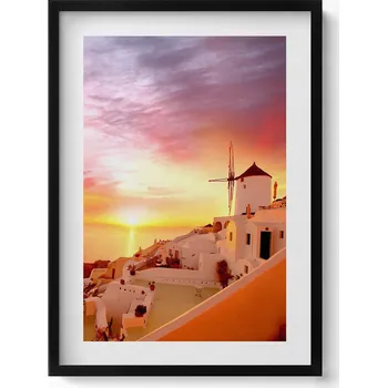 Obraz Závěsný obraz rámeček v černé barvě Santorini se starým větrným mlýnem 50 x 70 cm