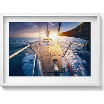 Obraz Závěsný obraz v bílém rámu Západ slunce na palubě plachetnice 70x50 cm