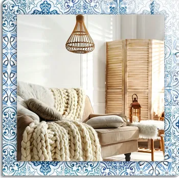 Zrcadlo Stylové nástěnné Zrcadlo čtvercové 60x60 cm Modré dekorativní dlaždice