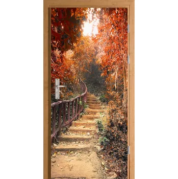 Fototapeta Nálepka na dveře červené podzimní listí schody