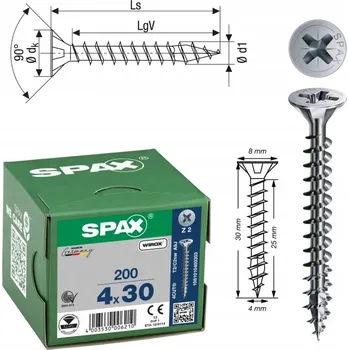 Vrut SPAX vruty 4x30mm Pz zápustná hlava, plný závit, pozink, 200ks