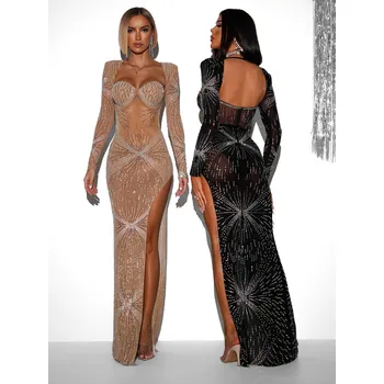 Dámské šaty Hnědé večerní luxusní třpytivé šaty JAZUCI s rozparkem a body Velikost: L